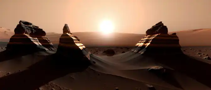 Марсоход Curiosity запечатлел уникальный пейзаж марсианских скал в лучах восходящего солнца